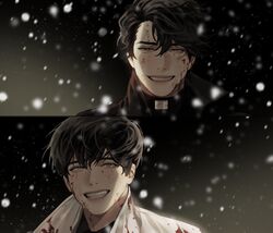  2boys absurdres black_eyes black_hair black_jacket blackbox_(blackbox9158) blood blood_on_clothes blood_on_face dark_background grin highres jacket kim_dokja korean_commentary looking_at_viewer male_focus multiple_boys omniscient_reader&#039;s_viewpoint short_hair smile snow tears teeth white_jacket yoo_joonghyuk 