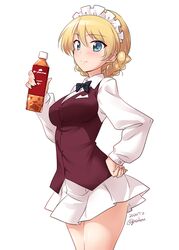  bartender black_bow black_bowtie blonde_hair blue_eyes blush bottle bow bowtie braid breasts brown_vest collared_shirt cosplay cutlass_(girls_und_panzer) cutlass_(girls_und_panzer)_(cosplay) darjeeling_(girls_und_panzer) female girls_und_panzer hand_on_own_hip highres holding holding_bottle kuzuryuu_kennosuke long_sleeves maid_headdress miniskirt one-hour_drawing_challenge pleated_skirt shirt skirt smile swept_bangs tea thighs vest white_background white_shirt white_skirt 