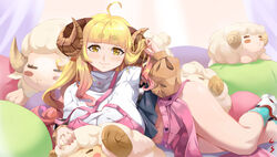  absurdres ahoge alternate_costume anila_(granblue_fantasy) blonde_hair blunt_bangs breasts caesar_salad casual curled_horns draph female granblue_fantasy highres hikimayu horns jacket large_breasts long_hair lying midriff_peek miniskirt navel on_side open_clothes open_jacket pillow pink_nails sheep shirt side_slit skirt smile solo_focus thighs wavy_hair white_shirt 