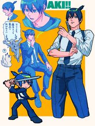  1boy 2others ? antlers belt black_footwear black_hair black_necktie black_pants black_suit business_suit chainsaw_man character_name chibi cigarette commentary_request drgryu750 formal fox fox_devil_(chainsaw_man) full_body future_devil_(chainsaw_man) hand_on_leg hayakawa_aki highres holding holding_cigarette holding_sword holding_weapon horns katana long_sleeves male_focus multiple_others necktie open_mouth pants piercing pose reference_sheet sitting smoking standing suit surprised sword teeth topknot translation_request weapon 