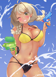  ;d ahoge bikini black_bikini blonde_hair blush braid breasts contrapposto cowboy_shot earrings female french_braid green_eyes gyaru hair_intakes heart heart_necklace jewelry large_breasts long_hair looking_at_viewer md5_mismatch multi-strapped_bikini navel necklace oerba_yun_fang one_eye_closed open_mouth original resolution_mismatch shibaame skin_fang skindentation smile solo source_larger star_(symbol) star_earrings string_bikini swimsuit tan twin_braids water water_gun wet yellow_bikini 