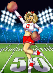  anthro artist_initials artist_logo bird_dog blonde_hair bottomwear breasts canid canine canis cheerleader cheerleader_outfit clothing cocker_spaniel dated domestic_dog dotty_dog female football_field footwear fur hair hair_bows hi_res hunting_dog logo long_sleeves mammal midriff mlock monogram pom_poms shoes skirt socks solo spaniel stadium stadium_lighting the_get_along_gang twintails yellow_body yellow_fur 