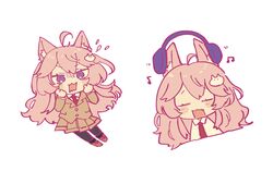  :3 ahoge alternate_costume animal_ear_fluff animal_ears bags_under_eyes beamed_eighth_notes blush cat_ears cat_girl cat_hair_ornament closed_eyes collared_shirt commentary_request commission cosplay eighth_note female hair_between_eyes hair_ornament headphones headphones_on_animal_ears kuroki_tomoko kuroki_tomoko_(cosplay) listening_to_music long_hair looking_at_viewer musical_note necktie no1shyv nyatasha_nyanners open_mouth pantyhose pink_hair purple_eyes red_necktie school_uniform shirt short_sleeves simple_background skeb_commission skirt smile solo surprised tail tail_grab virtual_youtuber vshojo watashi_ga_motenai_no_wa_dou_kangaetemo_omaera_ga_warui! wavy_mouth white_background white_shirt 