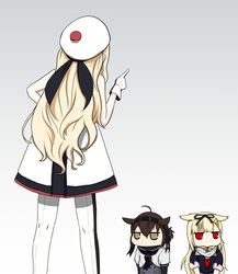  3girls anchor_print animal_ears beret black_bodysuit black_gloves black_hair black_ribbon black_sailor_collar black_serafuku black_skirt blonde_hair blush bodysuit brown_eyes chibi commentary_request crawling dress gloves gradient_background hachimaki hair_between_eyes hair_flaps hair_ornament hair_ribbon hairclip hat hatsuzuki_(kancolle) headband highres kantai_collection long_hair multiple_girls pom_pom_(clothes) puffy_short_sleeves puffy_sleeves red_eyes ribbon richelieu_(kancolle) sailor_collar school_uniform serafuku shadow shoes short_hair short_sleeves simple_background skirt white_gloves white_sailor_collar yakuto007 yuudachi_(kancolle) yuudachi_kai_ni_(kancolle) 