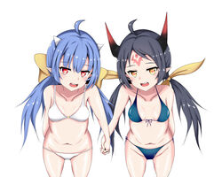  2girls absurdres bikini black_hair blue_hair breasts epic_seven hair_ribbon heart heart-shaped_pupils highres holding_hands horns interlocked_fingers long_hair multiple_girls photoshop_(medium) ravi_(epic_seven) red_eyes ribbon small_breasts swimsuit symbol-shaped_pupils twintails yellow_eyes 