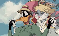  2boys bird blue_sky buck_teeth bugs_bunny cloud cloudy_sky cosplay crossdressing crossover daffy_duck duck duck_boy furry furry_male highres holding_hands howl&#039;s_moving_castle_(novel) howl_(howl_no_ugoku_shiro) howl_(howl_no_ugoku_shiro)_(cosplay) howl_and_sophie_airwalking howl_no_ugoku_shiro looney_tunes lumise05 multiple_boys rabbit sky sophie_(howl_no_ugoku_shiro) sophie_(howl_no_ugoku_shiro)_(cosplay) teeth whiskers 