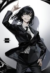  arm_up artist_name black_hair black_necktie blackbox_(blackbox9158) collared_shirt cowboy_shot female formal grey_eyes grin han_sooyoung hand_on_own_hip hand_up highres korean_commentary medium_hair necktie omniscient_reader&#039;s_viewpoint shadow shirt shirt_tucked_in smile solo spotlight suit wing_collar 