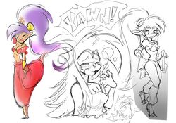  2023 bolo_(shantae) breasts clothing duo english_text female genie hair human humanoid humanoid_pointy_ears male mammal mkmaffo one_eye_closed open_mouth open_smile ponytail pose purple_hair shantae shantae_(series) simple_background smile text wayforward wink yawn 