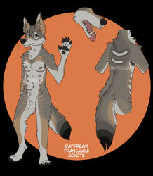  ambiguous_gender anthro belly belly_nipples black_nose black_pawpads black_tail_tip brown_body cackling-beast canid canine canis coyote daydream_(cackling-beast) dipstick_tail disembodied_head green_eyes hi_res male mammal markings mastectomy_scar model_sheet natural_colors pawpads scar solo tail tail_markings tongue tongue_out trans_(lore) trans_man_(lore) white_belly 