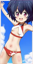  armpits awa black_hair breasts cloud female garandou_sara highres island_(game) looking_at_viewer messy_hair navel open_mouth red_eyes short_hair smile solo 