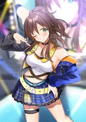  blush breasts brown_hair choker commission display_board feet_out_of_frame female green_eyes hamcheeseand hand_on_own_hip highres himekawa_yuki idol idolmaster idolmaster_cinderella_girls idolmaster_cinderella_girls_starlight_stage jacket jacket_partially_removed looking_at_viewer medium_breasts o-ring o-ring_choker plaid plaid_skirt ponytail skeb_commission skirt smile solo stage thigh_strap v zoom_layer 