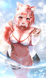  animal_ear_fluff animal_ears bell bikini blush breasts choker cloud commentary earrings english_commentary female hair_ornament highres jewelry large_breasts looking_at_viewer mole mole_on_stomach mole_under_eye multicolored_eyes navel neck_bell nijisanji open_mouth orange_eyes outdoors parted_bangs ratna_petit ratna_petit_(2nd_costume) red_choker red_eyes red_hair red_nails red_panda_ears red_panda_girl sanada_nagi short_hair signature sky solo stomach strap_lift strap_pull swimsuit tassel thigh_strap virtual_youtuber wading water water_drop white_bikini x_hair_ornament 