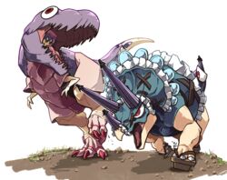  amerika_zarigani animalization commentary_request cookie_(touhou) dinosaur female full_body geta grass hat highres hisaka_(cookie) horns mioto_(cookie) mob_cap open_mouth pink_headwear purple_eyes purple_hair purple_umbrella red_eyes remilia_scarlet rock running short_hair tatara_kogasa touhou triceratops tyrannosaurus_rex umbrella white_background 