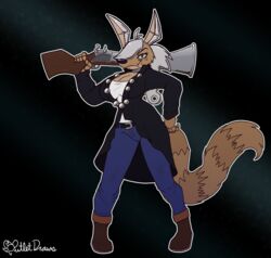  alternative_fashion anthro blunderbuss boots canid canine canis clockwork clothing coyote female footwear gun hi_res jacket long_ears mammal mecky_(character) metallic_body outletdraws ranged_weapon robotic solo steampunk topwear victorian weapon 