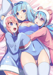  3girls :d :o animal_ears artist_name bare_shoulders bear_ears bed blue_choker blue_coat blue_eyes blue_hair blue_leotard blue_ribbon breasts choker cleavage coat collarbone commentary_request highres hug large_breasts leotard long_hair long_sleeves low_twintails multiple_girls nieve_(rabi_ribi) nixie_(rabi_ribi) open_mouth pink_coat pink_hair purple_eyes rabi-ribi ribbon rita_(rabi-ribi) ryofuhiko smile twintails white_legwear wide_sleeves 