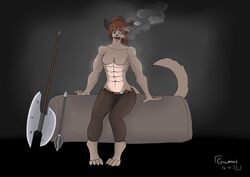  absurd_res anthro bodily_fluids breasts breath cougar fantasy featureless_breasts felid feline female gamal hi_res hybrid mammal muscular muscular_anthro muscular_female nielo_(gamal) solo sweat weapon 