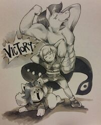  aaron_(undertale) anthro english_text female flexing frisk_(undertale) group hair hi_res human male mammal muscular muscular_male tem temmie_(undertale) text undertale undertale_(series) white_body 