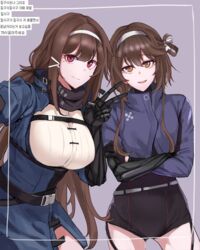  2girls android belt black_gloves black_scarf blue_jacket bodysuit breasts brown_eyes brown_hair crossed_arms girls&#039;_frontline gloves hair_ribbon hairband highres jacket joints js_9_(girls&#039;_frontline) korean_text large_breasts long_hair looking_at_viewer mechanical_arms mmm_(ji1945) multiple_girls red_eyes ribbon robot_joints scarf selfie simple_background single_mechanical_arm smile twintails type_79_(girls&#039;_frontline) v 