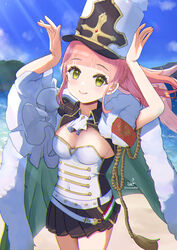  absurdres aiguillette azur_lane beach blunt_bangs braid breasts cape cleavage closed_mouth covered_navel cowboy_shot echo_(lowlow808) epaulettes female fringe_trim fur-trimmed_cape fur_trim green_cape hands_up hat highres impossible_clothes italian_flag light_blush long_hair military_hat miniskirt ocean outdoors pink_hair pleated_skirt pompeo_magno_(azur_lane) sidelocks signature skirt sky small_breasts smile solo standing twitter_username water white_hat yellow_eyes 