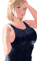  arm_behind_back arm_up blonde_girl_(okpriko) blonde_hair blue_eyes blue_one-piece_swimsuit breasts commentary dripping english_commentary female hand_in_own_hair highres large_breasts looking_away okpriko one-piece_swimsuit open_mouth original school_swimsuit short_hair sideboob simple_background solo swimsuit teeth upper_teeth_only wet wet_clothes wet_swimsuit white_background 