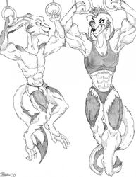  2020 abs anthro biceps chaff_(radarrq) claws clenched_teeth clothing duo eye_contact female fur hair hi_res looking_at_another male mammal marcushunter monochrome muscular muscular_anthro muscular_female muscular_male panties radarr shirt signature smile storm_hawks tank_top teeth toe_claws topwear underwear 