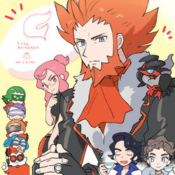  3boys 6+girls :&lt; aliana_(pokemon) ascot augustine_sycamore beard black_gloves blue_hair bryony_(pokemon) celosia_(pokemon) chibi closed_mouth commentary crop_top cup dated diantha_(pokemon) eyelashes facial_hair fingerless_gloves fingernails fur-trimmed_jacket fur_trim glasses gloves goggles green_hair grey_eyes holding holding_cup jacket jewelry long_sleeves lysandre_(pokemon) mable_(pokemon) malva_(pokemon) multiple_boys multiple_girls nibo_(att_130) orange_ascot orange_hair pink_hair pokemon pokemon_xy purple_hair ring smile symbol-only_commentary teacup team_flare translation_request visor xerosic_(pokemon) yveltal 