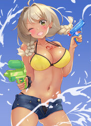  ;d ahoge bikini black_bikini blonde_hair blue_shorts blush braid breasts contrapposto cowboy_shot denim denim_shorts earrings female french_braid green_eyes gyaru hair_intakes heart heart_necklace jewelry large_breasts long_hair looking_at_viewer md5_mismatch multi-strapped_bikini navel necklace oerba_yun_fang one_eye_closed open_clothes open_mouth open_shorts original resolution_mismatch shibaame short_shorts shorts skin_fang smile solo source_larger star_(symbol) star_earrings swimsuit tan twin_braids water water_gun wet yellow_bikini 