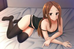  aged_up bare_arms bare_shoulders bed_sheet black_camisole black_panties black_thighhighs blurry blurry_background blush bow bow_panties breasts brown_eyes brown_hair camisole cleavage closed_mouth collarbone commentary depth_of_field english_commentary female forehead full_body highres indoors karakai_jouzu_no_(moto)_takagi-san karakai_jouzu_no_takagi-san kazenokaze long_hair low_ponytail no_shoes panties parted_bangs ponytail revision sidelocks small_breasts smile solo strap_slip takagi-san thighhighs underwear underwear_only 