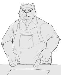  2022 anthro apron bear biped clothing food hi_res humanoid_hands kemono male mammal mature_male monochrome overweight overweight_male shirt solo topwear whitebeast20 