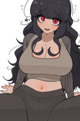  arm_support black_hair blush breasts cleavage collarbone commentary_request eyelashes eyes_visible_through_hair eyeshadow female heart highres korean_commentary large_breasts long_eyelashes long_hair long_sleeves makeup nakta navel original purple_eyeshadow red_eyes simple_background solo white_background you&#039;re_under_my_skin! 