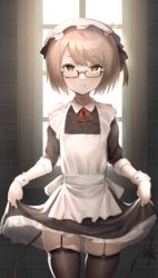  :q absurdres apron black_dress blush brown_eyes brown_hair brown_thighhighs closed_mouth cowboy_shot dress female garter_straps glasses hat highres indoors long_sleeves looking_at_viewer maid maid_apron medium_hair neck_ribbon red_ribbon ribbon sanpaku semi-rimless_eyewear skindentation skirt_hold smile solo tail thighhighs tongue tongue_out under-rim_eyewear unizou viprpg white_apron window 