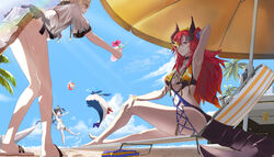  3girls alchemy_stars ball barefoot beach beach_umbrella beachball black_hair blonde_hair choker closed_mouth cloud creature cup day deck_chair dragon_tail dress eyepatch fia_(alchemy_stars) flip-flops flower_bracelet highres holding holding_cup horns jacket jewelry kyllo_(alchemy_stars) leaning_forward legs leona_(alchemy_stars) leona_(haughty_scrutiny)_(alchemy_stars) long_hair mole mole_under_eye multiple_girls nap_creator navel necklace outdoors palm_tree red_hair sand sandals see-through see-through_jacket short_hair short_sleeves splashing standing swimsuit tail thigh_strap toes tree umbrella unworn_sandals vice_(alchemy_stars) vice_(ray_of_sunshine)_(alchemy_stars) white_dress 