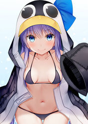  absurdres animal_hood aozora_nan bare_shoulders bikini bikini_under_clothes black_bikini black_jacket blue_background blue_bow blue_eyes bow breasts closed_mouth collarbone commentary_request fate/grand_order fate_(series) female gradient_background groin hair_between_eyes highres hood jacket long_hair long_sleeves looking_at_viewer medium_breasts meltryllis_(fate) meltryllis_(swimsuit_lancer)_(fate) meltryllis_(swimsuit_lancer)_(first_ascension)_(fate) navel open_clothes open_jacket penguin_hood puffy_long_sleeves puffy_sleeves purple_hair revision sitting sleeves_past_fingers sleeves_past_wrists smile solo swimsuit white_background 