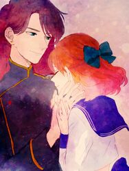  1boy amr bishoujo_senshi_sailor_moon bishoujo_senshi_sailor_moon_(first_season) blue_eyes bow brown_hair closed_eyes commentary_request couple earrings female half_updo jewelry long_hair nephrite_(sailor_moon) oosaka_naru orange_hair partial_commentary profile school_uniform serafuku short_hair straight 