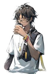  1boy arknights black_hair black_sleeves bracelet cup dadijiji dark-skinned_male dark_skin disposable_coffee_cup disposable_cup drinking forehead glasses highres holding holding_cup jewelry long_hair male_focus official_alternate_costume ponytail shirt short_sleeves simple_background single_sleeve solo thorns_(arknights) thorns_(comodo)_(arknights) white_background white_shirt yellow_eyes 