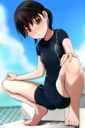  absurdres barefoot black_hair black_one-piece_swimsuit blurry blurry_background blush breasts brown_eyes chain-link_fence cloud commentary competition_swimsuit diving_block female fence hands_on_own_legs highres looking_at_viewer loose_hair_strand matsunaga_kouyou nose_blush one-piece_swimsuit original outdoors parted_lips short_twintails sky small_breasts solo spread_legs squatting swimsuit twintails 