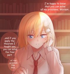  blonde_hair blue_eyes bob_cut bookshelf collared_shirt commentary english_commentary english_text female hair_between_eyes hair_ornament head_rest highres hololive hololive_english library long_sleeves medium_hair mittsu necktie parted_lips red_necktie shirt solo speech_bubble upper_body virtual_youtuber watson_amelia watson_amelia_(1st_costume) white_shirt 