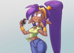  2019 absurd_res breasts brown_body brown_skin clothing dessert ear_piercing eating eating_food female food genie hair hi_res humanoid humanoid_pointy_ears ice_cream long_hair mkmaffo not_furry piercing purple_hair shantae shantae_(series) simple_background solo wayforward 