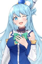  :d absurdres ai-nohikari aqua_(konosuba) bare_shoulders blue_choker blue_eyes blue_hair blue_shirt blush bow breasts choker clip_studio_paint_(medium) commentary detached_sleeves double-parted_bangs female gem green_bow hair_ornament hair_rings hair_spread_out hand_on_own_chest hand_up happy highres kono_subarashii_sekai_ni_shukufuku_wo! large_breasts long_hair long_sleeves looking_at_viewer one_eye_closed open_mouth shiny_skin shirt sidelocks simple_background smile solo upper_body variant_set very_long_hair white_background white_sleeves 