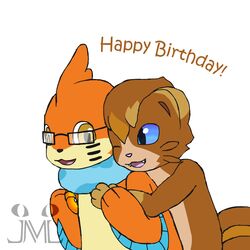  1:1 birthday blue_eyes brown_body brown_fur buizel duo dylan_the_buizel eyewear fakemon fan_character fur generation_4_pokemon glasses hug hugging_another hugging_from_behind interspecies jonatanm lewxen luxro male mammal marine nintendo orange_body orange_eyes orange_fur pokemon pokemon_(species) semi-anthro 