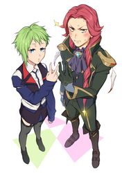  1boy :o alien ascot blue_ascot blue_eyes blush bogue_con-vaart commentary_request embarrassed female flat_chest formal gesture_request green_hair green_suit highres long_hair looking_up macross macross_delta mosako nervous_sweating red_hair reina_prowler short_hair suit sweat v walkure_(macross_delta) 