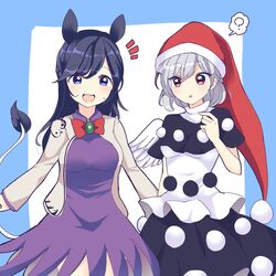  2girls ? alternate_hairstyle animal_ears blue_eyes blue_hair bow bowtie braid commentary_request cosplay costume_switch doremy_sweet doremy_sweet_(cosplay) hat highres kishin_sagume kishin_sagume_(cosplay) long_hair multiple_girls nightcap open_mouth ougi_hina red_eyes short_hair simple_background smile tail tapir_ears tapir_tail tied_hair touhou wings 