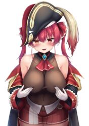  absurdres ascot bare_shoulders bicorne breasts cleavage female gloves hat heterochromia highres hololive houshou_marine houshou_marine_(1st_costume) large_breasts leotard leotard_under_clothes long_hair nipple_press nipple_stimulation pirate_hat red_ascot red_eyes red_hair sleeveless sleeveless_jacket solo tousaki_(tousakiworks) virtual_youtuber yellow_eyes 