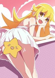  against_railing back bad_id bad_twitter_id bare_shoulders beach blonde_hair blush_stickers censored cloud day dress feet_out_of_frame female flipped_hair gesugesu_ahoaho hair_between_eyes hand_on_own_face kneepits long_hair looking_at_viewer looking_back monogatari_(series) oerba_yun_fang off_shoulder open_mouth oshino_shinobu outline palm_tree polka_dot polka_dot_background railing sidelocks skin_fang smile solo standing star_(symbol) star_censor straight_hair tree white_dress white_outline yellow_eyes 