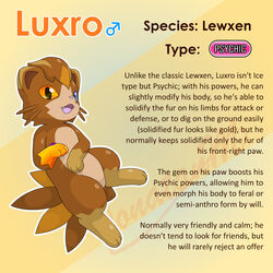  1:1 blue_eyes brown_body brown_fur digital_media_(artwork) english_text fakemon fan_character feral fur heterochromia jonatanm lewxen lore luxro male mammal model_sheet orange_eyes psychic semi-anthro solo text 