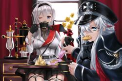  2girls ahoge alt3r azur_lane black_gloves black_skirt blue_eyes breasts coffee coffee_maker coffee_mug commentary cookie cross cup eating english_commentary flower food garter_straps gloves grey_hair hair_over_one_eye hairband hat highres indoors iron_cross looking_at_viewer mainz_(azur_lane) medium_breasts military_hat mug multicolored_hair multiple_girls odin_(azur_lane) one_eye_closed pastry peaked_cap plant pleated_skirt potted_plant red_curtains red_hair sitting skirt streaked_hair sweets table white_hair window 