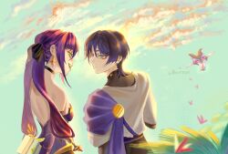  1boy absurdres aqua_eyes arm_at_side arms_behind_back bare_shoulders belt black_belt black_bodysuit black_bow black_choker black_shorts blunt_ends bodysuit bow box breasts cape choker cloud cloudy_sky detached_sleeves dragon durin_(genshin_impact) earrings eyelashes female genshin_impact gift gift_box gold gold_trim grass green_sky hair_intakes hairbow heartbye_(lollybomb12) highleg highleg_leotard highres holding holding_gift japanese_clothes jewelry kimono leotard light_blush long_hair looking_at_another medium_breasts mini_durin_(genshin_impact) mona_(genshin_impact) outdoors pink_lips ponytail_holder purple_cape purple_hair purple_leotard purple_sash purple_sleeves red_ribbon ribbon sash scaramouche_(genshin_impact) short_sleeves shorts sidelocks sky small_dragon star_(symbol) star_earrings strapless strapless_leotard teeth tongue tongue_out tsurime twintails twitter_username upper_teeth_only wanderer_(genshin_impact) white_kimono white_mouth white_sleeves wispy_bangs yellow_ribbon 