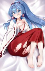  ass beikeice blue_eyes blue_hair blush bow breasts chihaya_(clothing) chinese_commentary closed_mouth commentary_request covered_nipples female hair_tubes hairbow hakama highres japanese_clothes kimono knees_together_feet_apart knees_up kosode long_hair long_sleeves looking_at_viewer lying medium_breasts miko miyadeguchi_mizuchi miyadeguchi_mizuchi_(human) no_bra on_back on_bed ponytail ponytail_holder red_hakama ribbon ribbon_trim skirt solo sweat thighs torn_clothes touhou white_kimono wide_sleeves 
