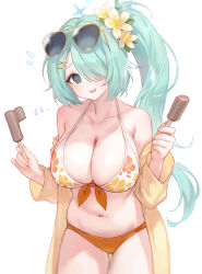  adelie_cat aqua_hair bare_shoulders bikini black_eyes blue_archive blush breasts cleavage collarbone commentary_request cowboy_shot double_popsicle eyewear_on_head female floral_print_bikini flower flying_sweatdrops food front-tie_bikini_top front-tie_top hair_flower hair_ornament hair_over_one_eye halo highres hiyori_(blue_archive) hiyori_(swimsuit)_(blue_archive) holding holding_food holding_popsicle jacket korean_commentary large_breasts long_hair long_sleeves looking_at_viewer nervous_smile off_shoulder official_alternate_costume open_clothes open_jacket open_mouth orange_bikini popsicle side_ponytail simple_background smile solo sunglasses swimsuit thighs two-tone_bikini white_background white_bikini yellow_flower yellow_jacket 