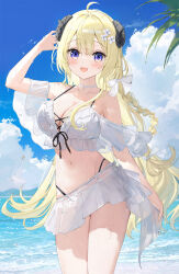  arm_up arms_behind_head beach bikini blonde_hair braid breasts cleavage cloud cloudy_sky female floating_hair flower fuumi_(radial_engine) hair_between_eyes hair_flower hair_ornament highres hololive horns long_hair looking_at_viewer navel off-shoulder_bikini off_shoulder open_mouth purple_eyes sheep_girl sheep_horns short_sleeves sky smile solo standing stomach swimsuit tsunomaki_watame virtual_youtuber white_bikini 